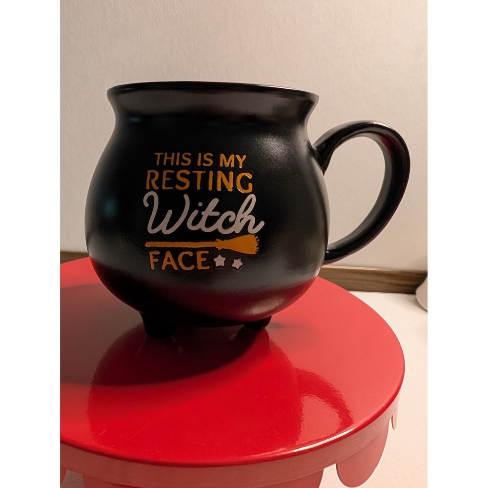 Cracker Barrel Resting Witch Face Cauldron Mug Black Halloween Coffee Cup